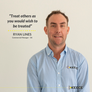 Ryan Lines, newly promoted Commercial Manager at Keece SA, smiling in a professional setting. A proud Port Adelaide supporter with over 25 years in the electrical industry, known for his leadership, team spirit, and passion for collaboration.