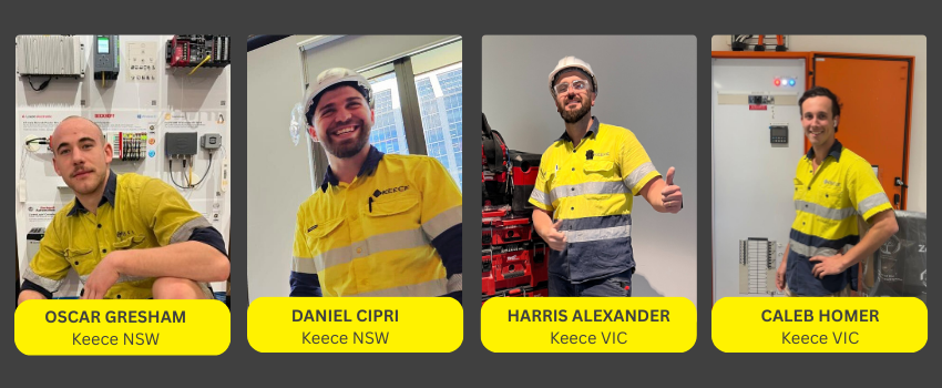 Keece apprentices in high-vis celebrating trade licence completion through our electrical apprenticeship program across NSW and VIC