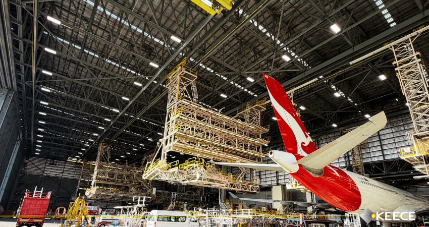 Keece QLD lighting upgrade works inside Qantas Hangar 3 aircraft maintenance facility.