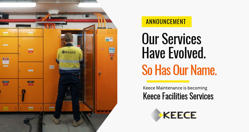 Keece electrical team announcing the transition from Keece Maintenance to Keece Facilities Services